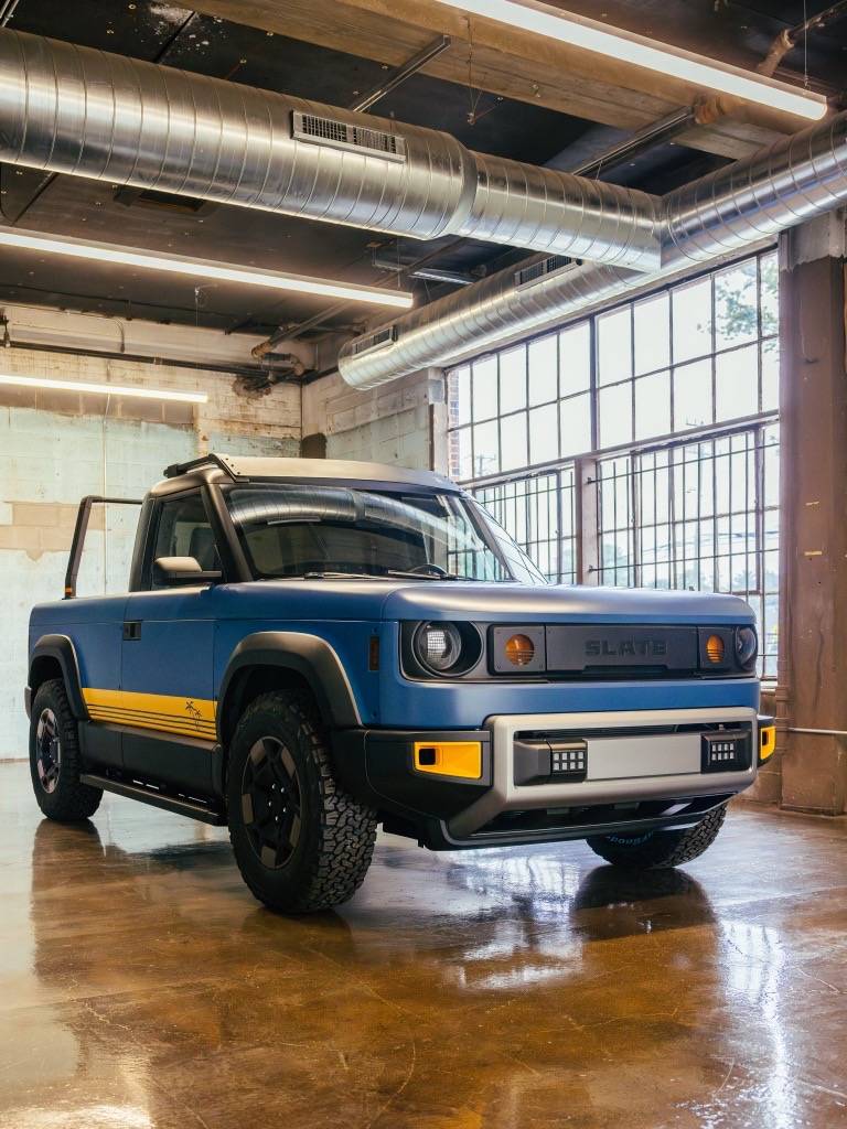 Slate Auto Pickup Truck Dark Blue Wrapped Slate Pickup w/ 20" Wheels, All-Terrain Tires, Roof Rack, Bed Rack, Running Boards @ Moto Social Club in Ferndale (Detroit, MI) 516737822_122245985876230280_1777837659477496557_n