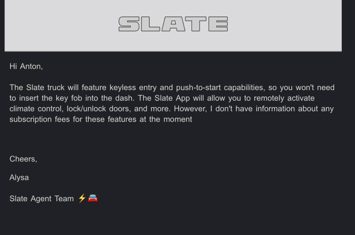 Slate Auto Pickup Truck Confirmed: keyless entry and push-to-start capabilities. Remote climate control & locking / unlocking via app IMG_9471