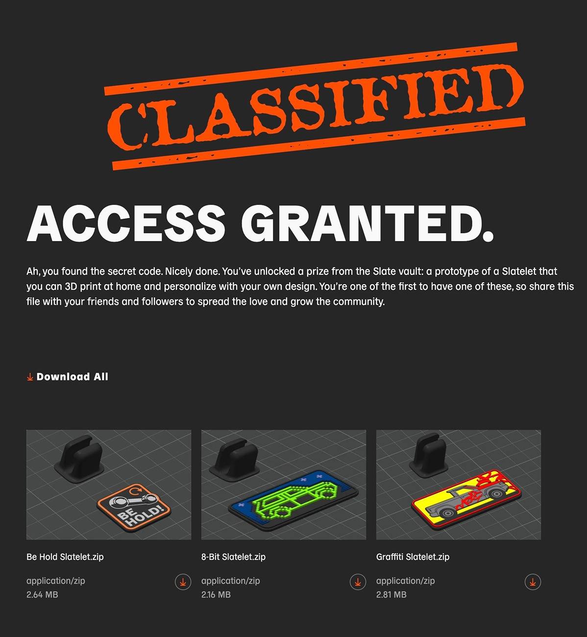 Slate Auto Pickup Truck Secret Slatelet dash badge page - download 3D print Slatelet Screenshot 2025-04-24 at 11.49.16 PM