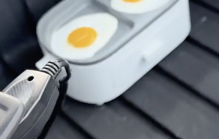 Frunk power outlet in action - cooking up eggs (video)
